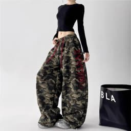 Women's Vintage Camouflage Oversized Wide Leg Sweatpants Red Drawstring Letter Embroidery Streetwear Pants