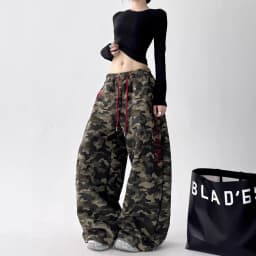Women's Vintage Camouflage Oversized Wide Leg Sweatpants Red Drawstring Letter Embroidery Streetwear Pants