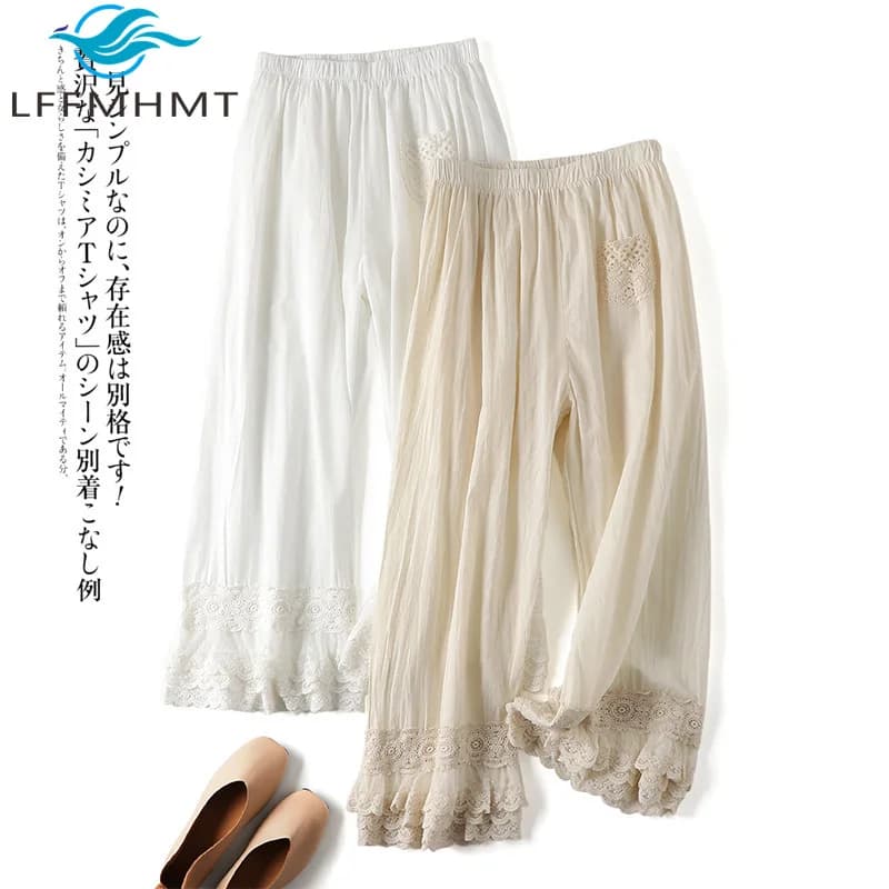 Spring Summer Fashion Home Wear Pants Women's Korean Style Elastic Waist Lace Embroidery Sweet Fresh Ankle Length Trouser Female