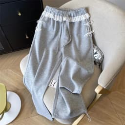 Gray Lace Patchwork Sweatpants Women High Waist Sweet Trousers Korean Fashion Loose Female Elegant All Match Wide Leg Pants