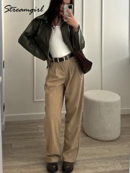 Streamgirl Corduroy Straight Pants Women High Waist Casual Wide Leg Trousers Beige Spring Women Brown Pants Vintage Formal
