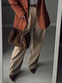 Streamgirl Corduroy Straight Pants Women High Waist Casual Wide Leg Trousers Beige Spring Women Brown Pants Vintage Formal