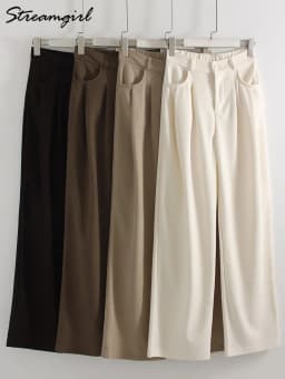 Streamgirl Corduroy Straight Pants Women High Waist Casual Wide Leg Trousers Beige Spring Women Brown Pants Vintage Formal