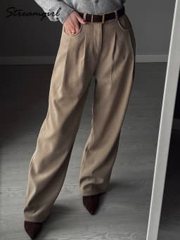 Streamgirl Corduroy Straight Pants Women High Waist Casual Wide Leg Trousers Beige Spring Women Brown Pants Vintage Formal