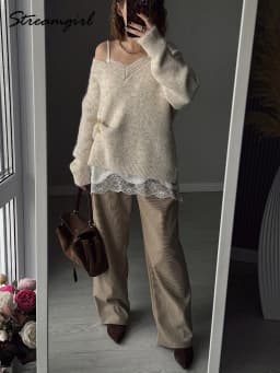 Streamgirl Corduroy Straight Pants Women High Waist Casual Wide Leg Trousers Beige Spring Women Brown Pants Vintage Formal