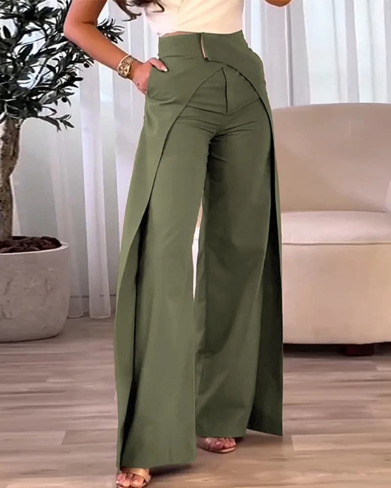 Fashion Asymmetric Design Casual Wide Leg Pants Street Style High Waist Long Trousers Polyester Women's Fashion Pants