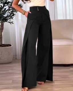 Fashion Asymmetric Design Casual Wide Leg Pants Street Style High Waist Long Trousers Polyester Women's Fashion Pants