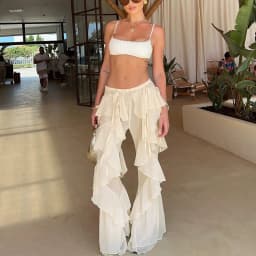 Spring New Street Fashion Women's Pants Casual Strap Splicing Lotus Leaf Edge Spicy Girl Micro Pull Pants