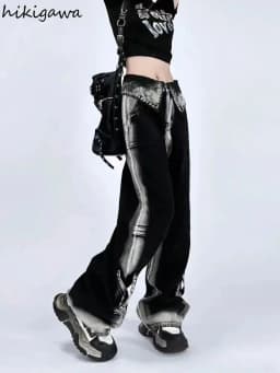 Contrast Color Jeans Women Clothing High Waist Fashion Y2k Wide Leg Pants 2025 New Bottoms Casual Straight Denim Pantalon Femme