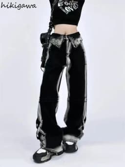 Contrast Color Jeans Women Clothing High Waist Fashion Y2k Wide Leg Pants 2025 New Bottoms Casual Straight Denim Pantalon Femme