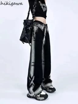 Contrast Color Jeans Women Clothing High Waist Fashion Y2k Wide Leg Pants 2025 New Bottoms Casual Straight Denim Pantalon Femme