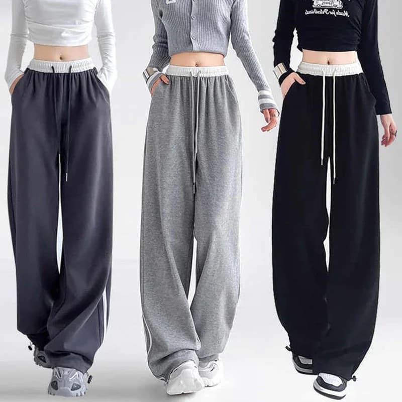 New Ins Fashion Girls Patchwork Sweatpants Lady High Waist Comfortable Baggy Trousers Female Korean Classic Wide Leg Pants
