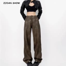 American Retro Washing Color Brown Wide Leg PU Leather Pants Woman High Waist Loose Long Straight Trousers Casual Bottom