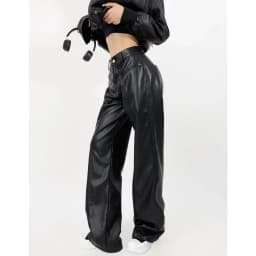 American Retro Washing Color Brown Wide Leg PU Leather Pants Woman High Waist Loose Long Straight Trousers Casual Bottom