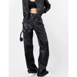 American Retro Washing Color Brown Wide Leg PU Leather Pants Woman High Waist Loose Long Straight Trousers Casual Bottom