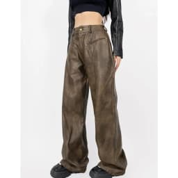 American Retro Washing Color Brown Wide Leg PU Leather Pants Woman High Waist Loose Long Straight Trousers Casual Bottom
