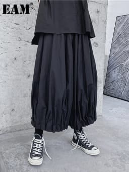 [EAM] High Elastic Waist Black Brief Pleated Wide Leg Pants New Loose Fit Trousers Women Fashion Tide Spring Autumn 2026 1DF1103