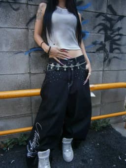 Trendy and Fashionable Harajuku Retro High Street Angel Wing Rhinestone Embroidery Millennium Straight-Leg Loose Denim Trousers