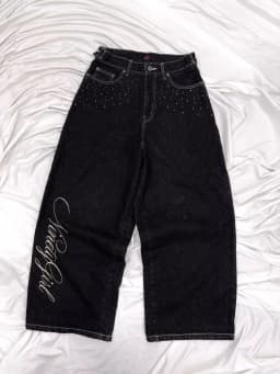 Trendy and Fashionable Harajuku Retro High Street Angel Wing Rhinestone Embroidery Millennium Straight-Leg Loose Denim Trousers