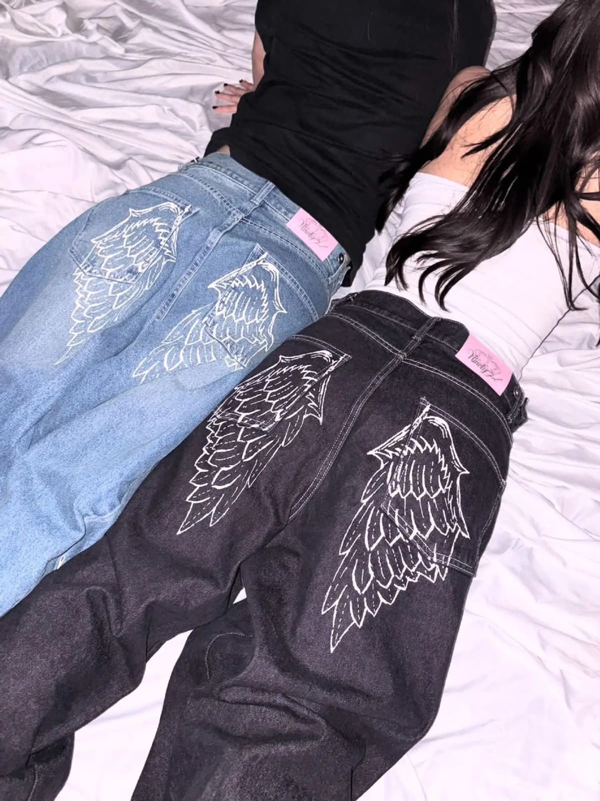 Trendy and Fashionable Harajuku Retro High Street Angel Wing Rhinestone Embroidery Millennium Straight-Leg Loose Denim Trousers
