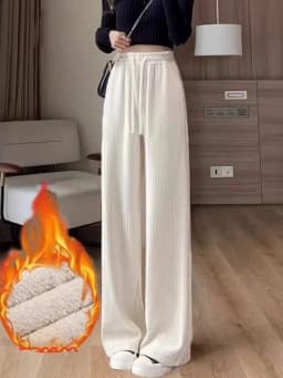 Afashion Lamb Velvet Wide Leg Pants Women's Thickened Autumn Winter Casual Slim Fit Corduroy Warm Straight Leg Trousers Hi
