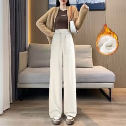 Afashion Lamb Velvet Wide Leg Pants Women's Thickened Autumn Winter Casual Slim Fit Corduroy Warm Straight Leg Trousers Hi