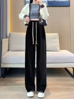 Afashion Lamb Velvet Wide Leg Pants Women's Thickened Autumn Winter Casual Slim Fit Corduroy Warm Straight Leg Trousers Hi