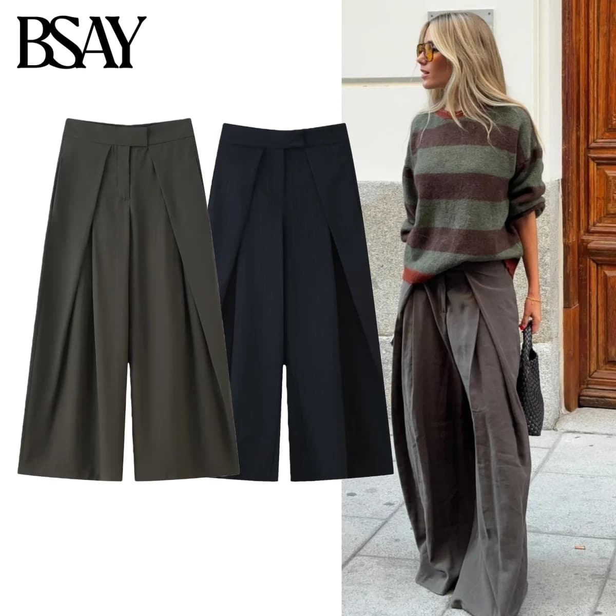 BSAY Pleated Pants for Women Fashion Autumn Winter New Solid Color Chic Female Elastic High Waist Wide Leg Trousers Mujer