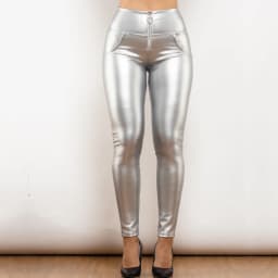 Shascullfites Melody High-Waisted Metallic Leather Leggings Zipper Detail Scrunch Butt Wetlook Pants for Women