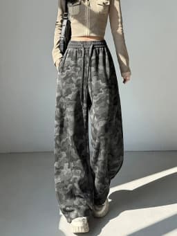Retro Camouflage Wide Leg Pants Women's High Waist Slimming Loose Straight Casual Sports Sweatpants Spring Autumn New Style
