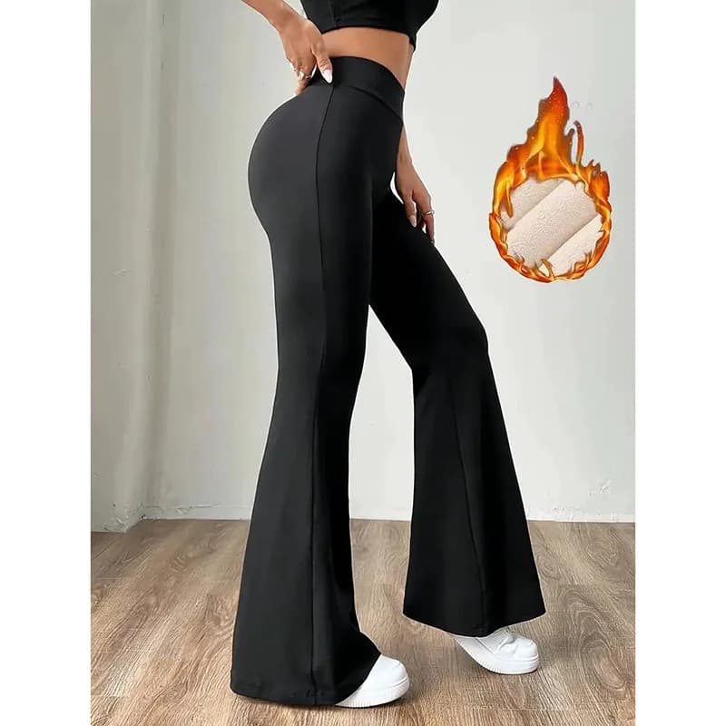 Ultra-Thick Lambswool Warm Leggings Woman Lift Hips High Waist Slim Wide Leg Tights Female Winter Thermal Black Flared Pants