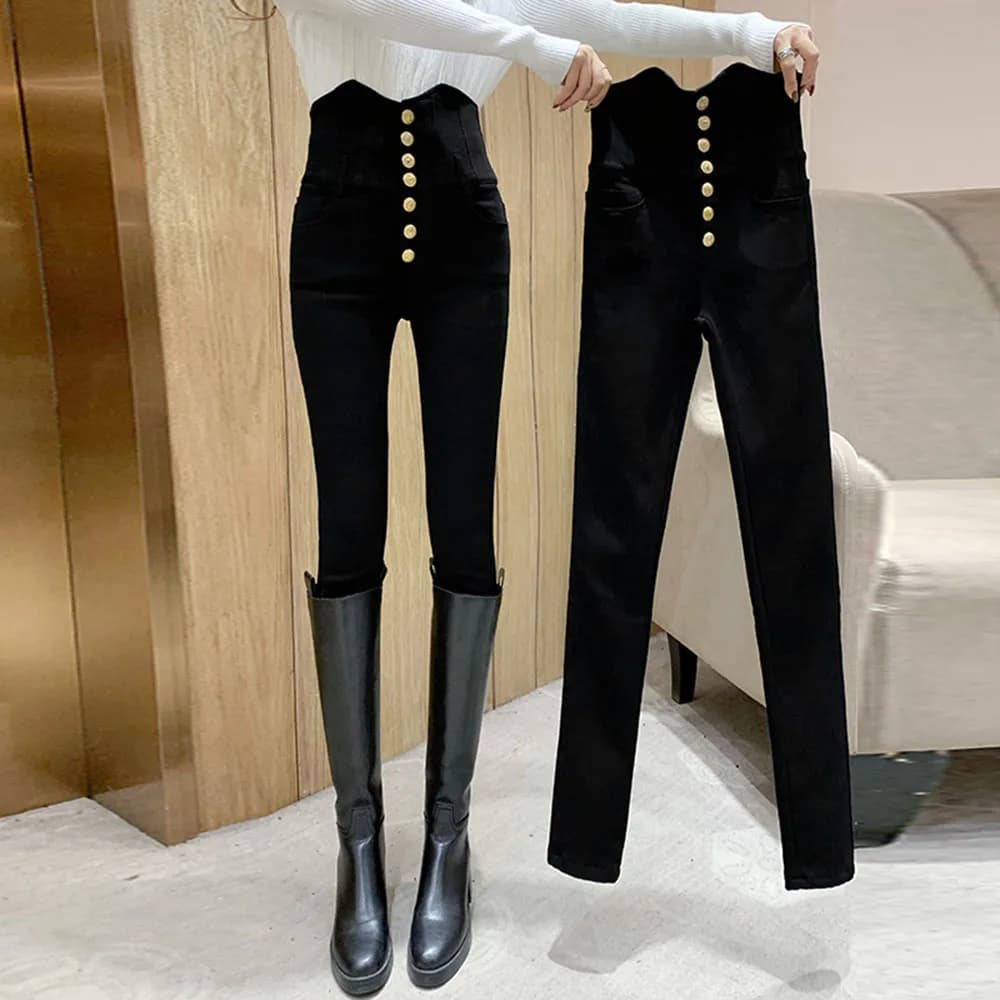 2022 Autumn Spring New Black leggings Casual Elastic High Waist stretch feet pants women's Metal Buttons was thin Pencil Pants