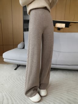 Autumn Winter Thick Cashmere Women Wide Leg Pants Casual Loose Twist Flower Trousers 100% Merino Wool Knitwear Popular Pants