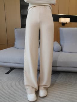 Autumn Winter Thick Cashmere Women Wide Leg Pants Casual Loose Twist Flower Trousers 100% Merino Wool Knitwear Popular Pants