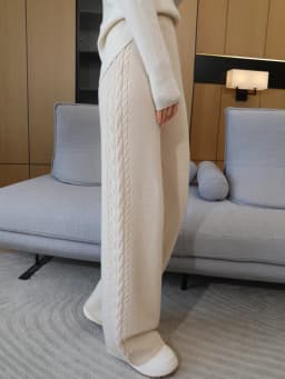 Autumn Winter Thick Cashmere Women Wide Leg Pants Casual Loose Twist Flower Trousers 100% Merino Wool Knitwear Popular Pants