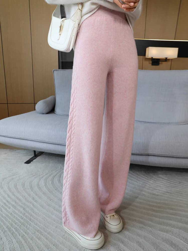 Autumn Winter Thick Cashmere Women Wide Leg Pants Casual Loose Twist Flower Trousers 100% Merino Wool Knitwear Popular Pants