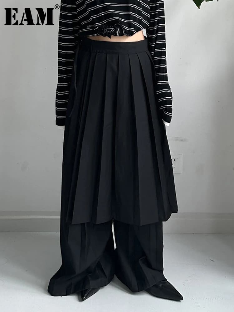[EAM] High Elastic Waist Black Pleated Bandage Long Wide Leg Pants New Trousers Women Fashion Tide Spring Autumn 2026  1DJ3936