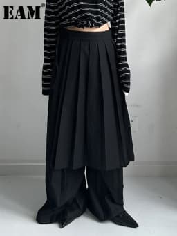 [EAM] High Elastic Waist Black Pleated Bandage Long Wide Leg Pants New Trousers Women Fashion Tide Spring Autumn 2026  1DJ3936