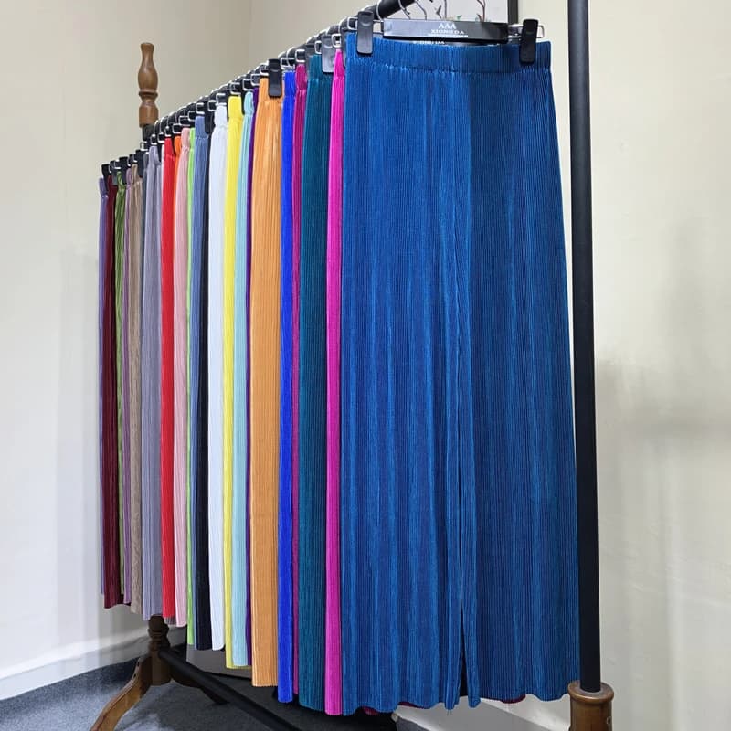 Summer Thin Chiffon Wide Leg Pants For Women Casual Candy Color Loose Long Pants Lady Solid Color Straight Pleated Trousers