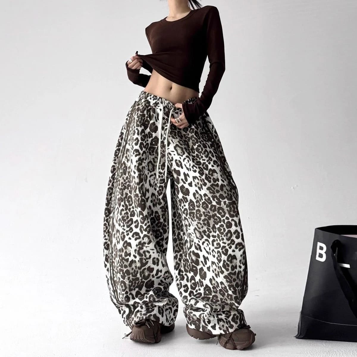 American retro spicy girl leopard print work pants autumn street Abi style punk loose women's wide leg pants millennium style