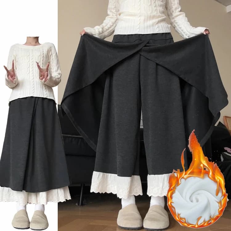 Slimming Effect Fleece Lined Lace Trim Wide Leg Pants Women's Autumn Winter Thickened Drapey Faux Wrap Skirt Pants Casual Wear