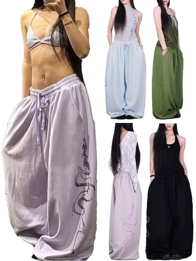 Women Y2K Snake Rhinestone Wide Leg Pants Loose Baggy High Waist Sweatpants with Sparkly Serpent Print Street Dance Casual Wear