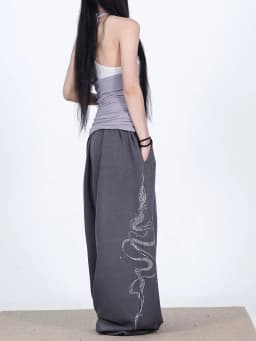 Women Y2K Snake Rhinestone Wide Leg Pants Loose Baggy High Waist Sweatpants with Sparkly Serpent Print Street Dance Casual Wear