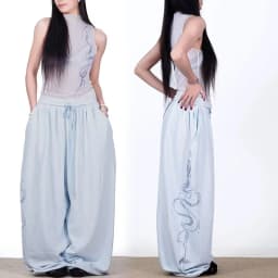 Women Y2K Snake Rhinestone Wide Leg Pants Loose Baggy High Waist Sweatpants with Sparkly Serpent Print Street Dance Casual Wear