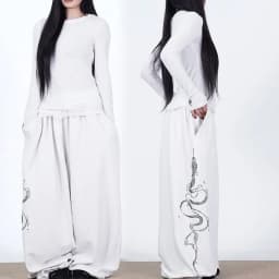 Women Y2K Snake Rhinestone Wide Leg Pants Loose Baggy High Waist Sweatpants with Sparkly Serpent Print Street Dance Casual Wear