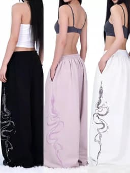 Women Y2K Snake Rhinestone Wide Leg Pants Loose Baggy High Waist Sweatpants with Sparkly Serpent Print Street Dance Casual Wear