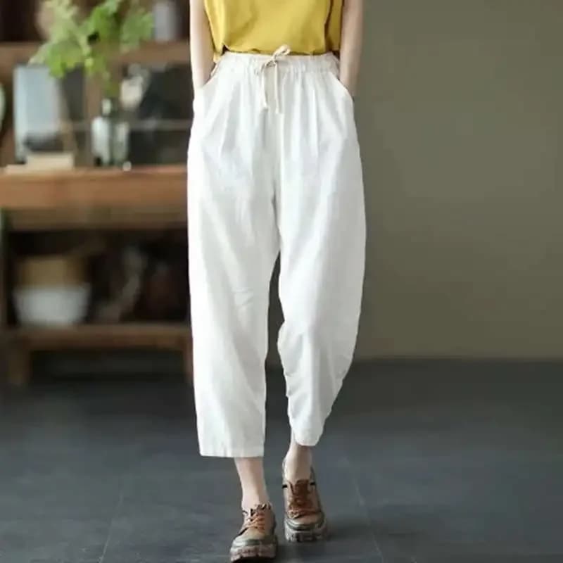 Elastic Waist Ankle Length Womens Summer Harem Pants Vintage Cotton Linen Capri Casual Loose Plus Size Candy Colors Baggy Pants