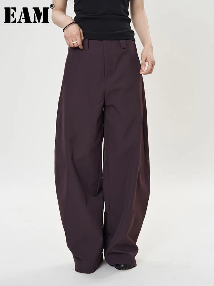 [EAM] High Waist Purple Brief Shaped Elegant Long Wide Leg Pants New Trousers Women Fashion Tide Spring Autumn 2026 1DH9918