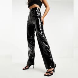Women's Shiny Leather Wide Leg Pants Casual Higth Waist Black Stretch Loose Mirror Face Straight Leg Trousers Clubbing 2023