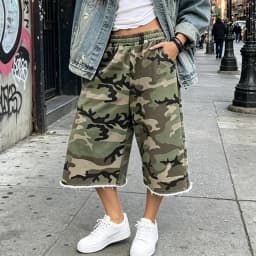 Y2K Camo Bermuda Shorts for Women Summer Baggy Sweat Shorts Cyber Grunge Elastic Waist Athletic Long Jorts with Pockets Bottoms